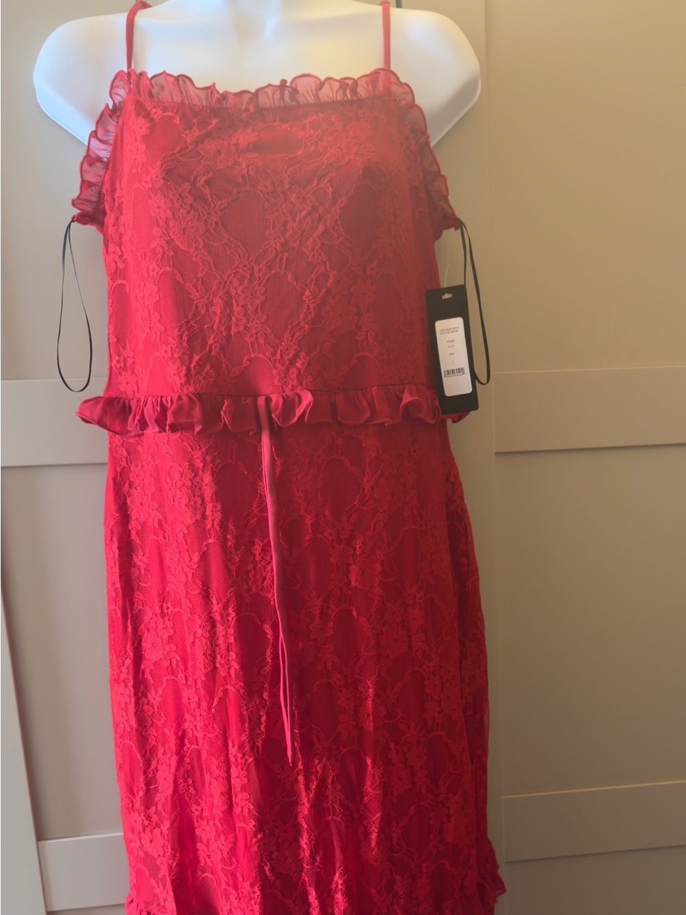 bebe Red Lace Midi Dress with Ruffle Trim